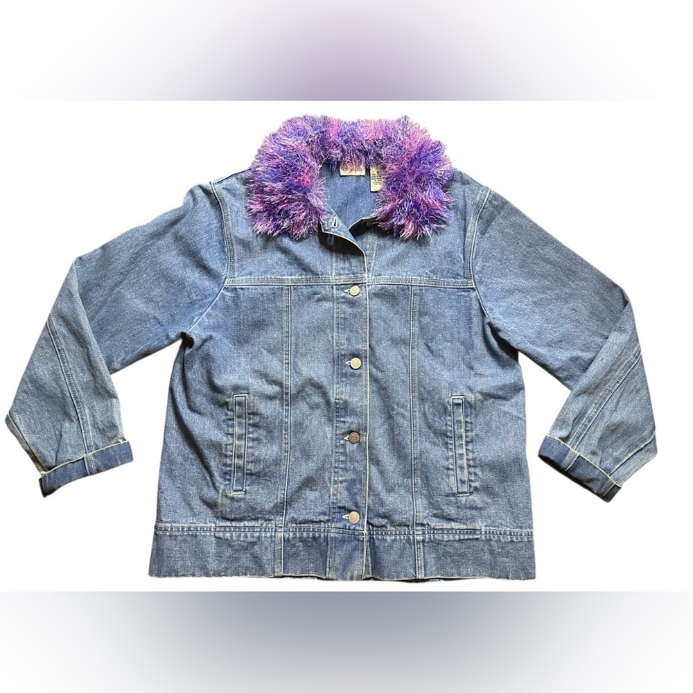 Vintage Y2K Crossroads Denim Jacket w/ Purple Faux Fur Collar Women’s Medium